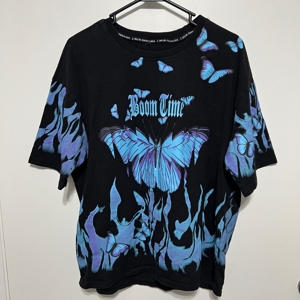 Mens Butterfly Flame Graphic T Shirt Size‎ 2XL Black Blue Streetwear Edgy